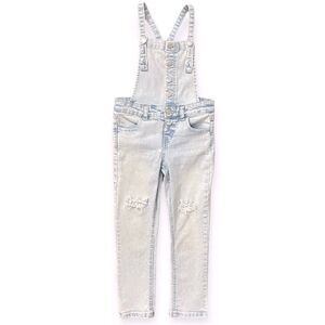 Cat & Jack Girl’s Light Wash Distressed Button Front Bib Denim Overalls XS 4/5